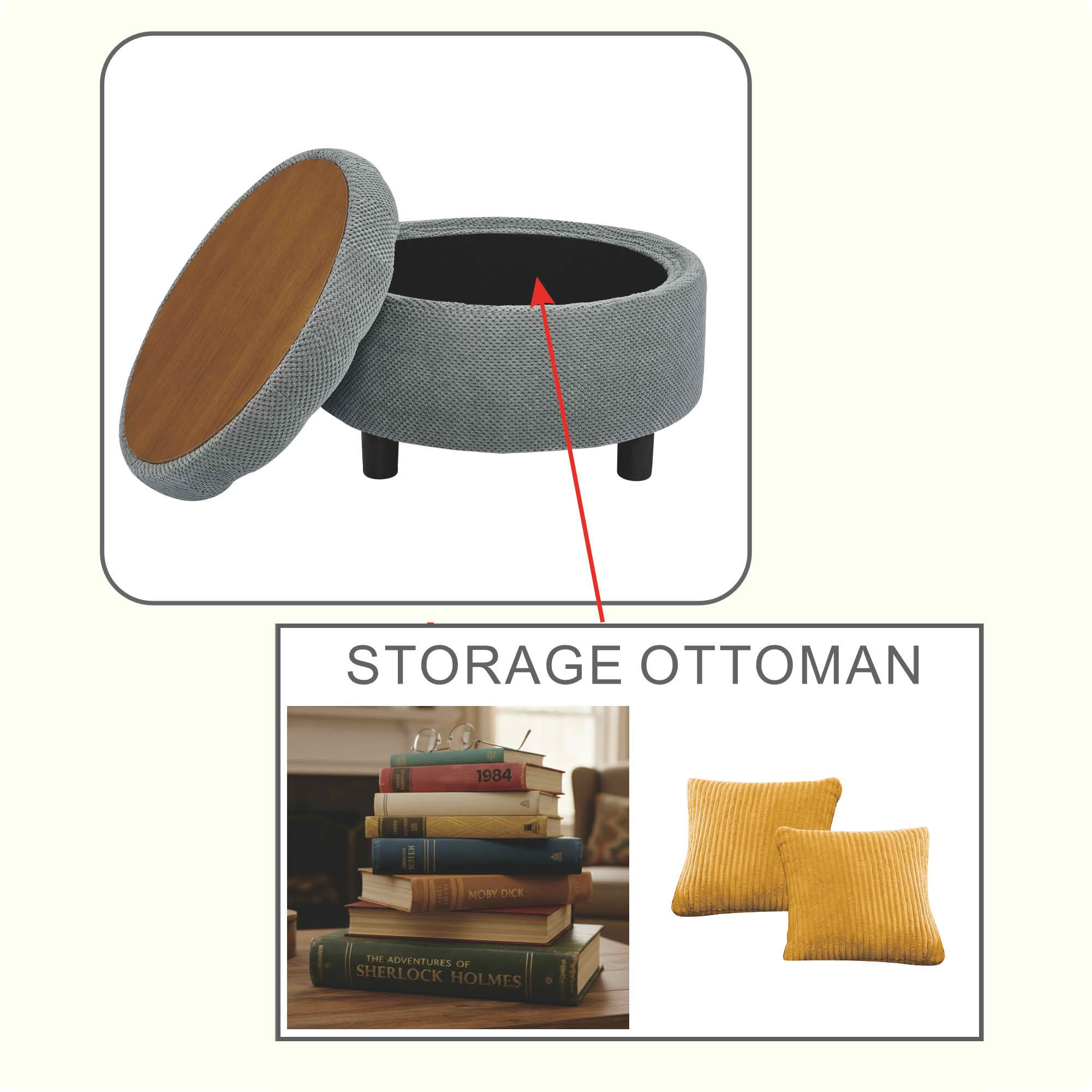 MAYEERTY 25 In Round Storage Ottoman with Tray, Tufted Fabric, Coffee Table Ottoman, Light Grey