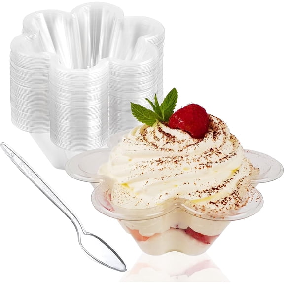50 Pack 8 oz Plastic Dessert Cups with Spoons, Clear Plastic Small Party Serving Bowls for Sundae, Parfait, Fruit, Strawberry Shortcake, Disposable Snack Bowls (Flower Shape) 
