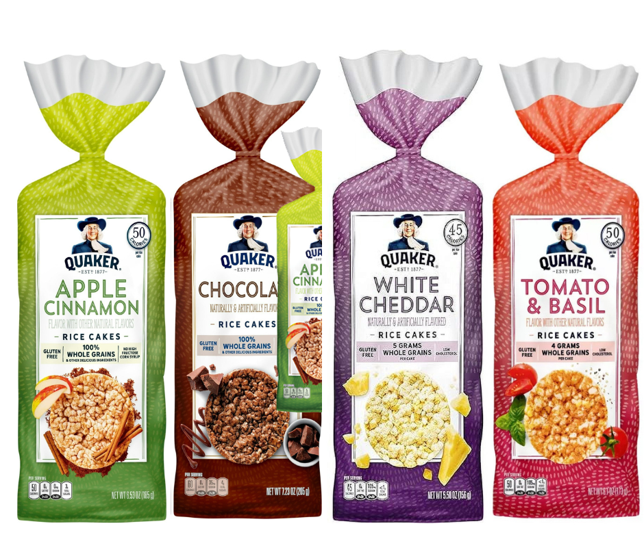 Quaker Rice Cakes Variety Bundle - Pack Of 4 Flavors,APPLE CINAMON RICE CAKE,CHOCOLATE RICE CAKE ,WHITE CHEDDAR RICE CAKE,TOMATO AND BASIL RICE CAKE