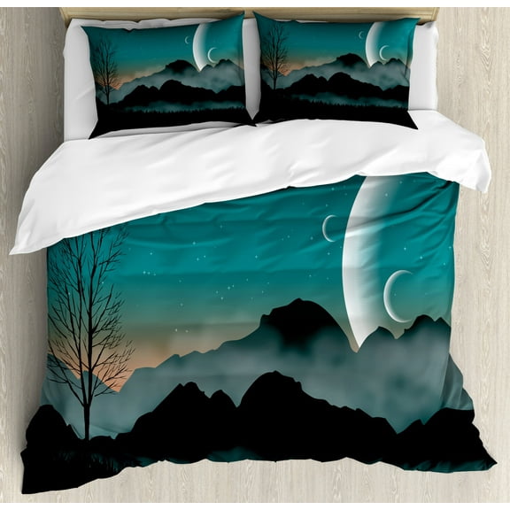 Space Duvet Cover Set, Night Sky on Mountain Range Forest Crescent Moon Star Cosmic Infinity Astral Graphic, Decorative 3 Piece Bedding Set with 2 Pillow Shams, King Size, Teal Black, by Ambesonne