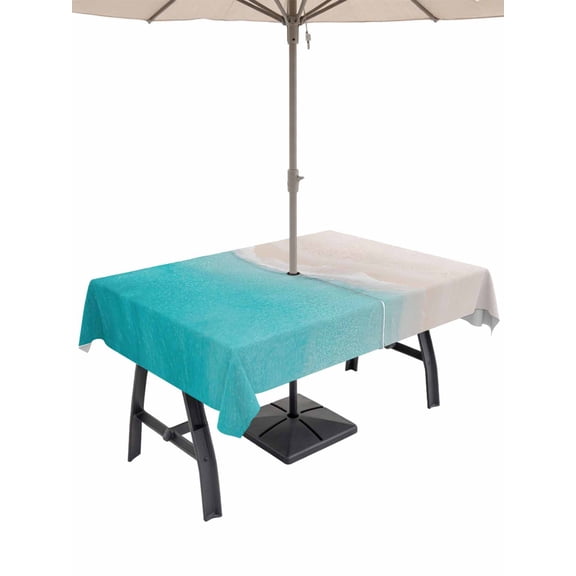 Outdoor Tablecloth with Umbrella Hole for Patio/Picnic/Party/Camping, Teal Beige Ombre Coastal Waterproof Table Cloth Rectangle Table Cover Washable, Summer Beach Seaside Vacation (52"x 70")