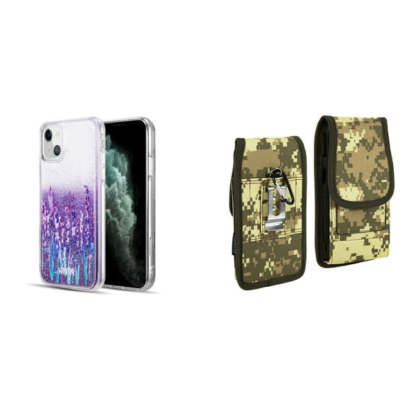 Liquid Glitter Case for iPhone 14 and Belt Holster Pouch (Lavender Purple/ACU)