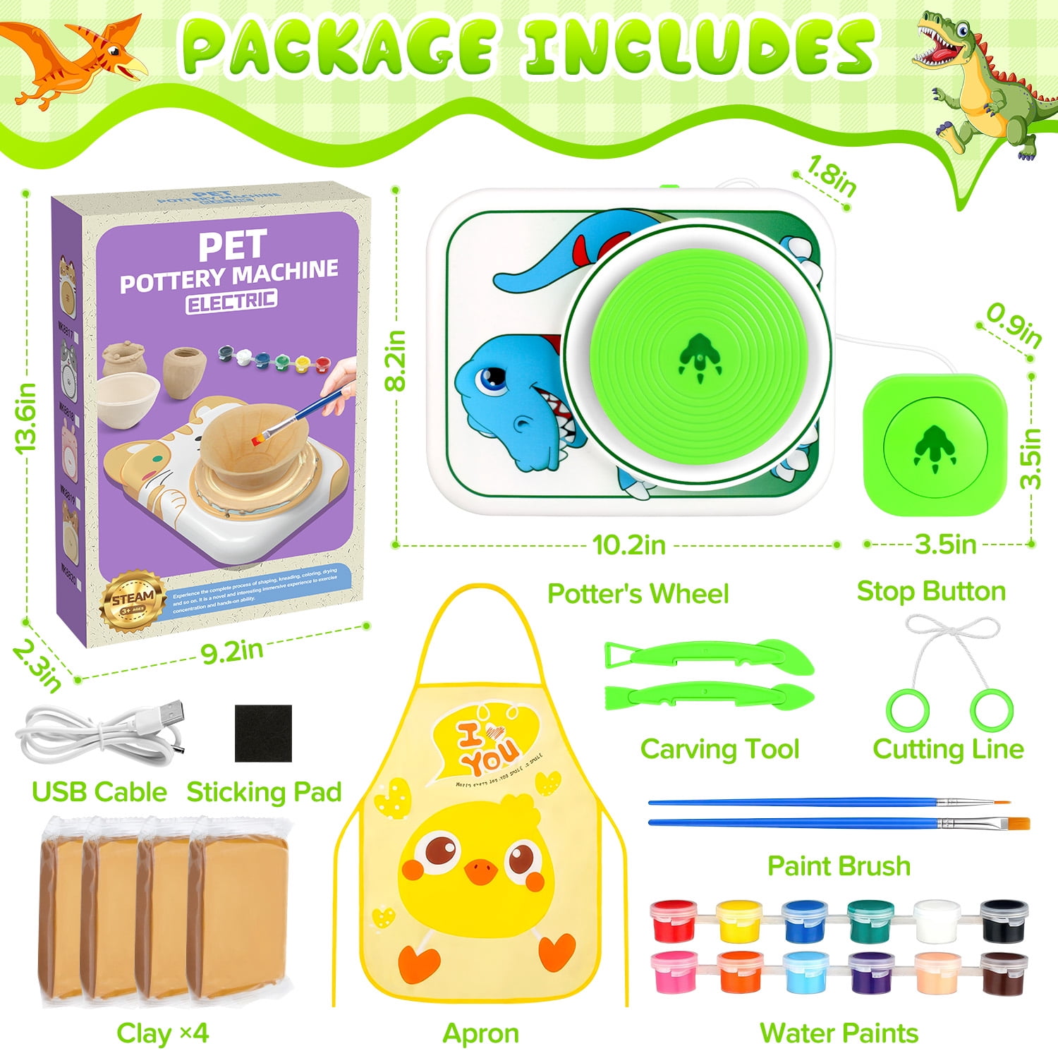 Huge Wave Pottery Wheel for Kids, Dinosaur Arts and Crafts Kit with 4 Clays, Air Dry Sculpting Clay and Craft Paint Toy Kit, Ideal Birthday Gifts for Aged 6-12