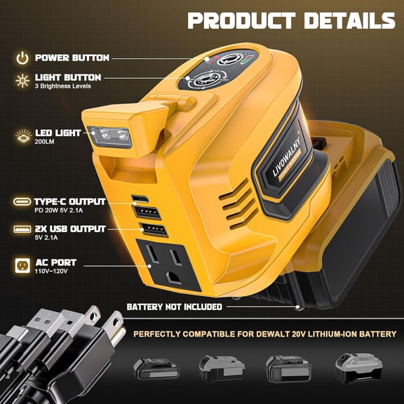 2 Packs Power Inverter Compatible With Dewalt 20V, 200W Battery Inverter 20V to 110V Power Adapter Charger Adapter Power Station Power Supply 2 USB & 1 Type-C & 1 AC Outlet (No Battery)