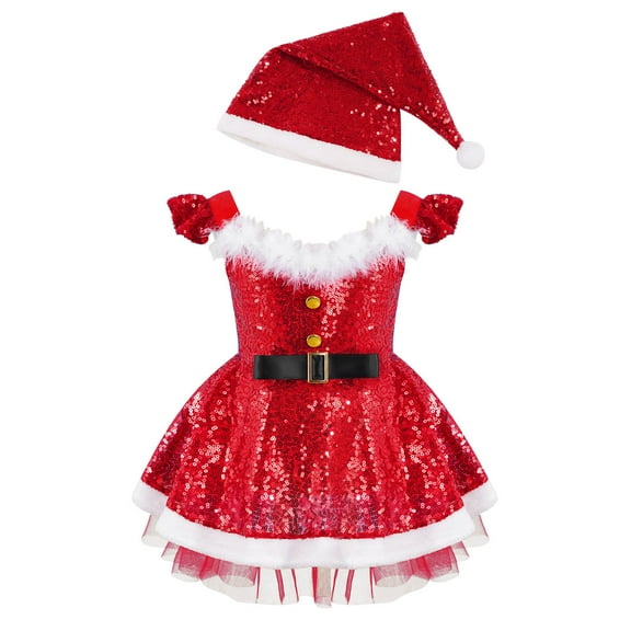 Alvivi Baby Girls Christmas Dress Sequined Santa Claus Princess Tutu with Hat