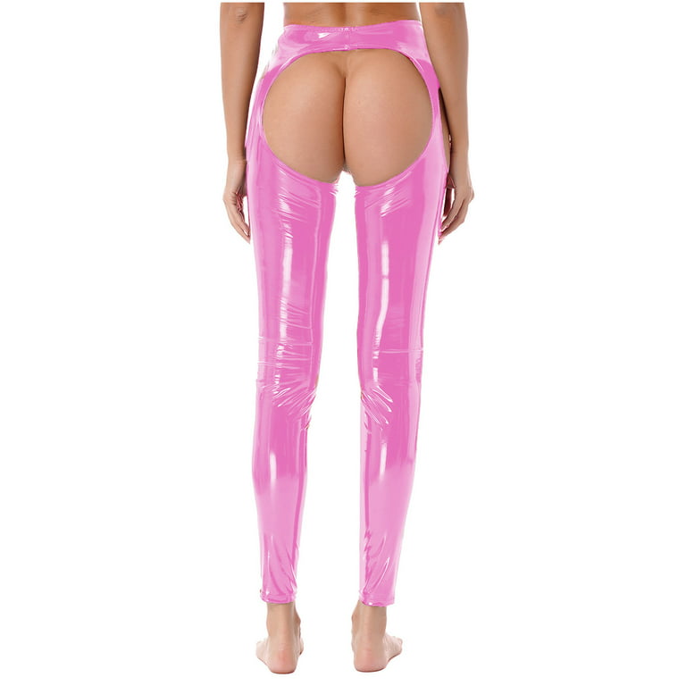 YONGHS Women's Patent Leather Hollowing Out Bottoms Leggings Long Assless  Chaps Pants Pink XL