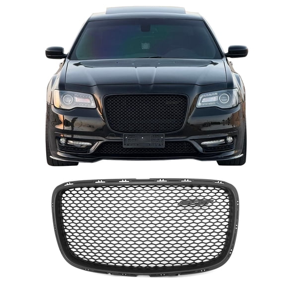 Ikon Motorsports Front Upper Grille Compatible with 2015-2023 Chrysler 300 SRT Style Matte Black ABS Injection Replacement Front Bumper Hood Grill 1PC