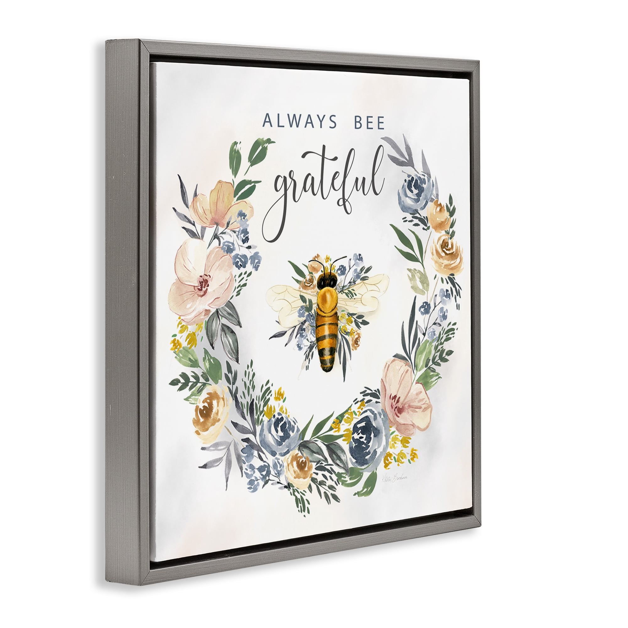 Stupell Industries Country Bee Grateful Botanical & Floral Painting Gray Floater Framed Canvas Art Print Wall Art, 25 x 25