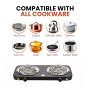 Hinzonek 2000W Portable Electric Double Burner, Electric Hot Plate Kitchen Cooktop Cooking Stove Frying Pan and Easy to Clean for Home or Dorm, 5 Adjustable Temperatures, Black