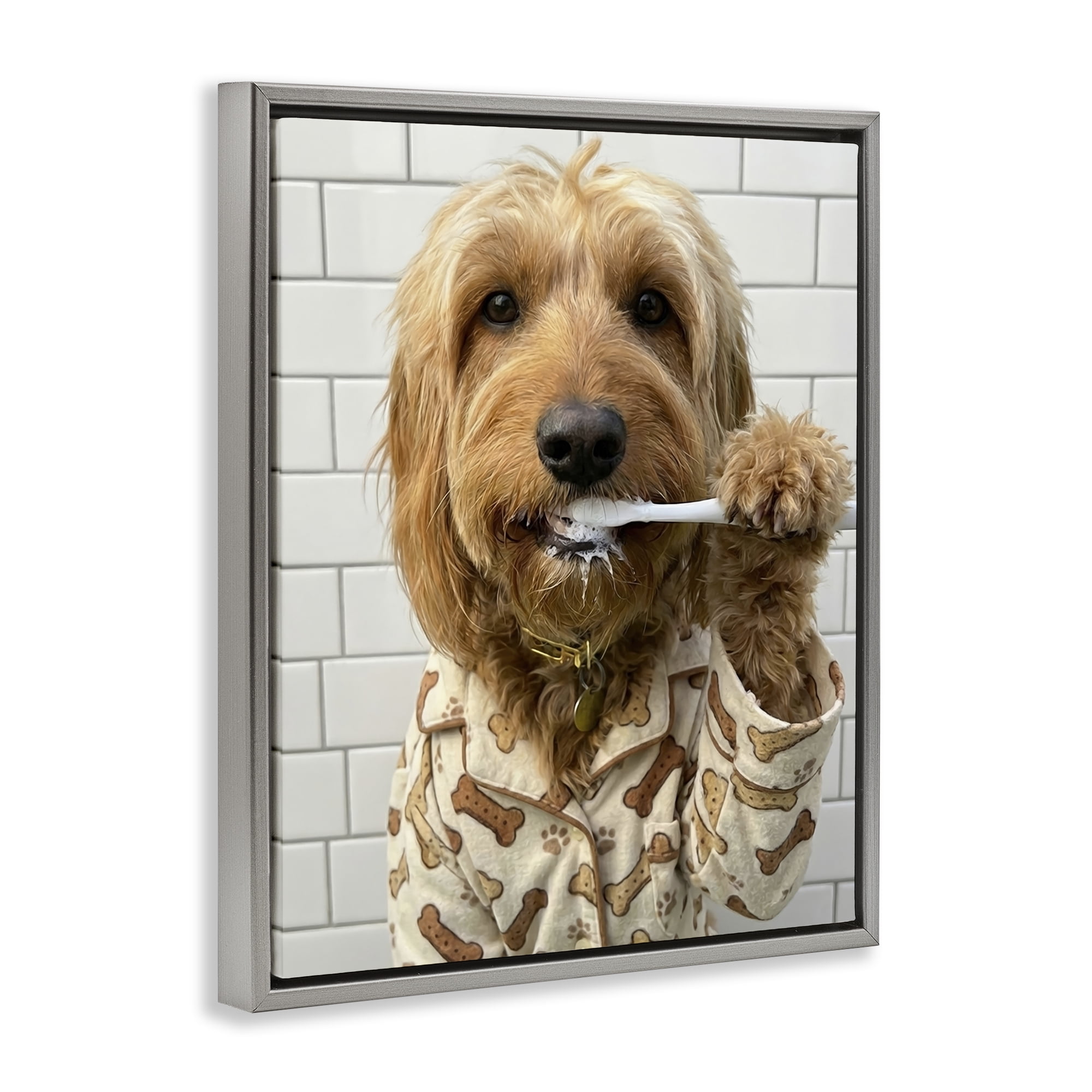 Stupell Industries Realistic Dog Brushing Teeth Gray Framed Floater Canvas Wall Art, design by Abigail Walker