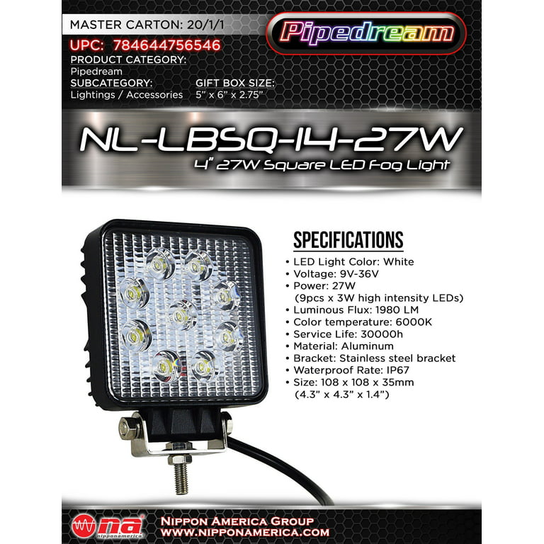 4 Square LED Fog Light 27W Off-Road 4WD Driving Work Lightbar Jeep Tractor  ATV UTV Boat 