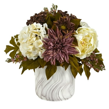 15in. Peony, Hydrangea and Dahlia Artificial Arrangement in Marble Finished Vase