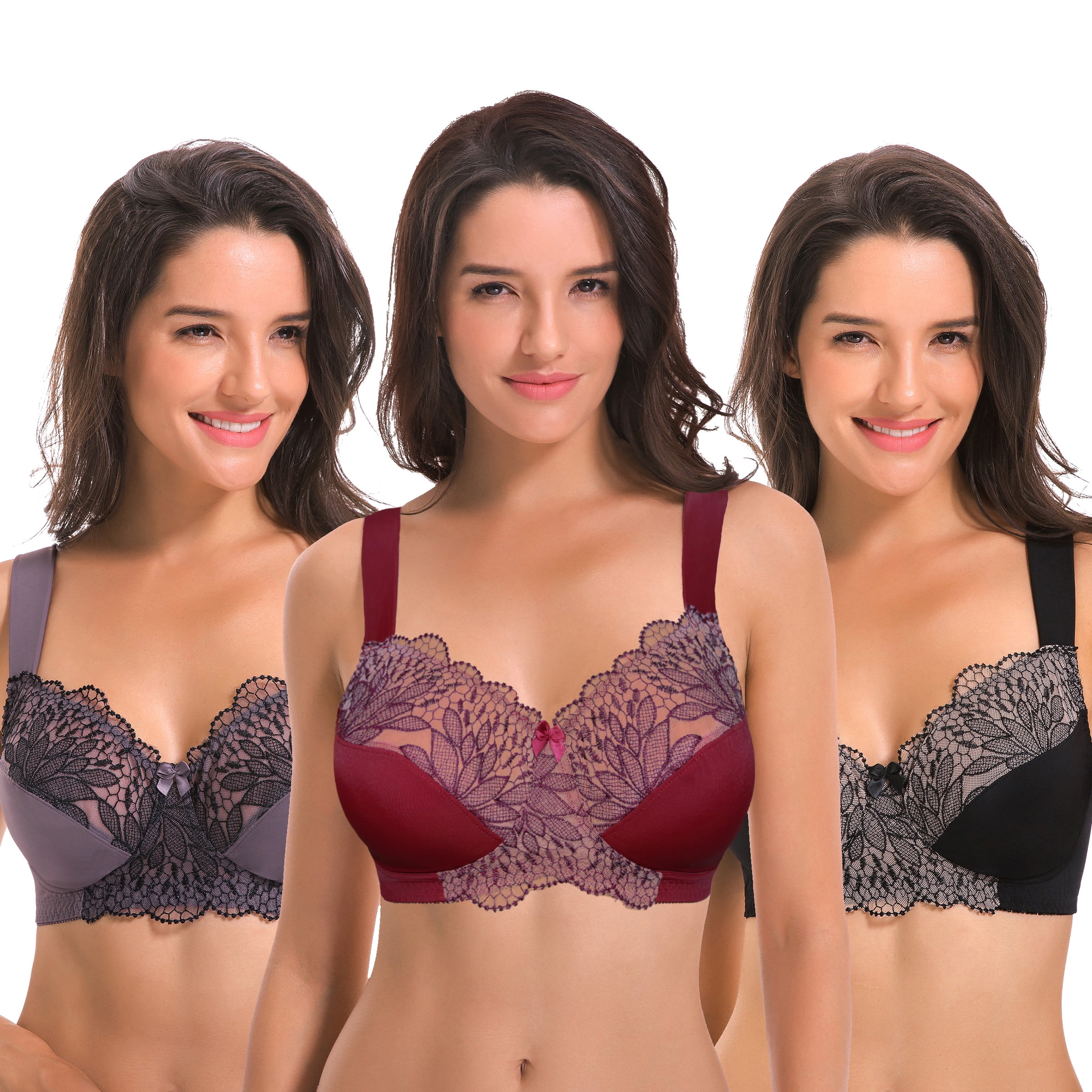 Curve Muse Plus Size Minimizer Unlined Wireless Bra with Lace Embroidery-3Pack