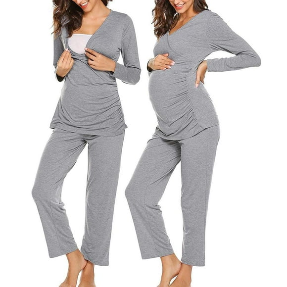 Women‘s Maternity Nursing Pajama Set Breastfeeding Sleepwear Set Double Layer Short Sleeve Top & Pants Pregnancy PJS