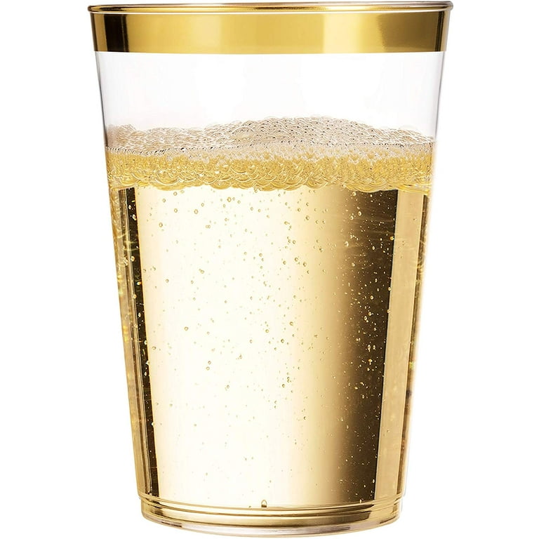 Gold Plastic Cups Clear Plastic Wine Glasses, Fancy Disposable Hard Plastic Cups with Gold Glitter for Party Cups 25pcs