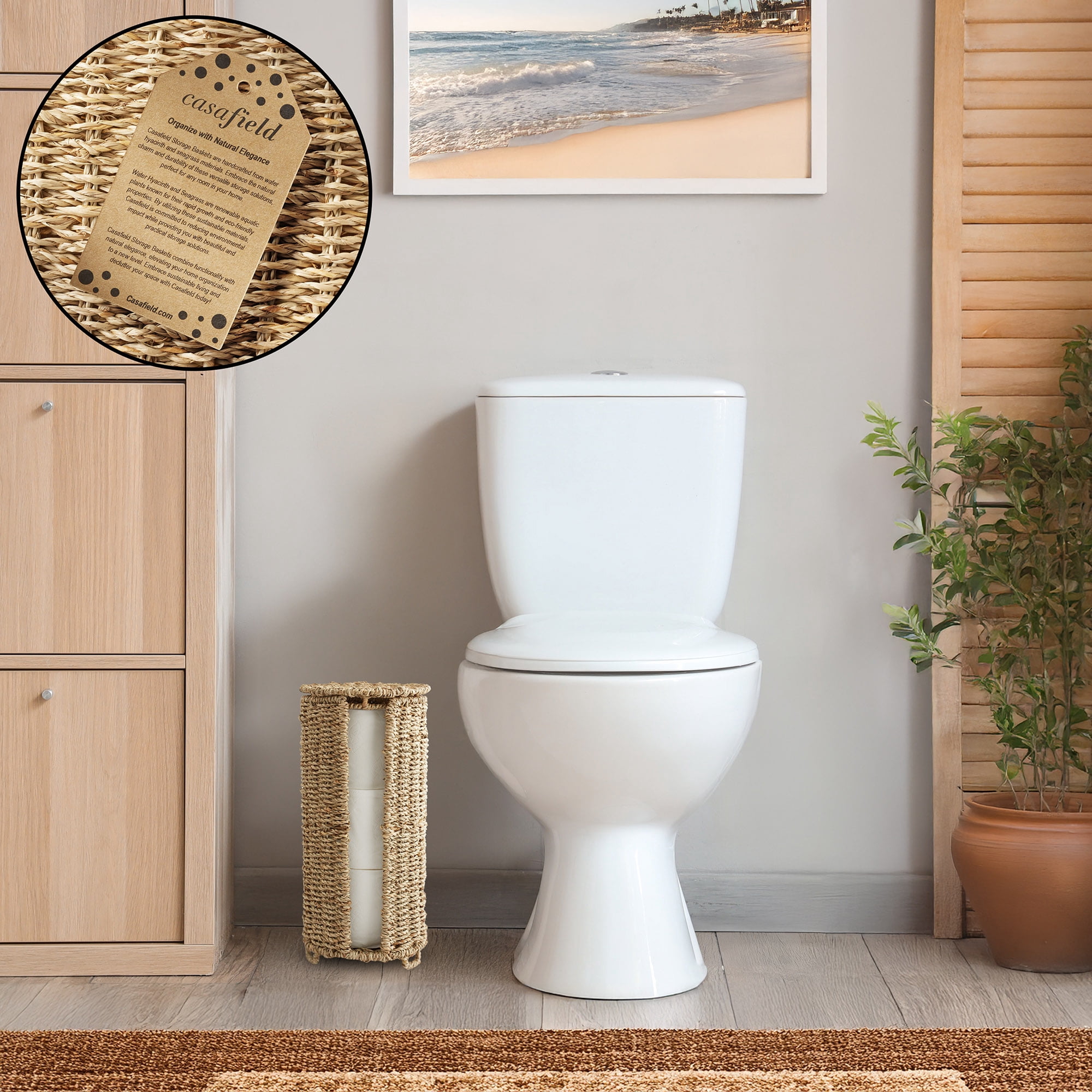 Casafield Toilet Paper Roll Holder with Lid - Natural, Fits 3 Rolls, Free Standing Seagrass Bath Tissue Storage Organizer for Bathroom