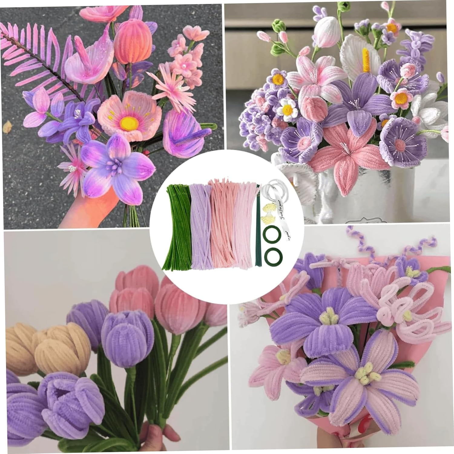 Pipe Cleaner Flower Kit Flexible Pipe Cleaners and Flower Stems with Green Craft Thread and Ribbon for DIY Floral Arrangements Kids Art Craft Projects School Classroom Creative Supplies