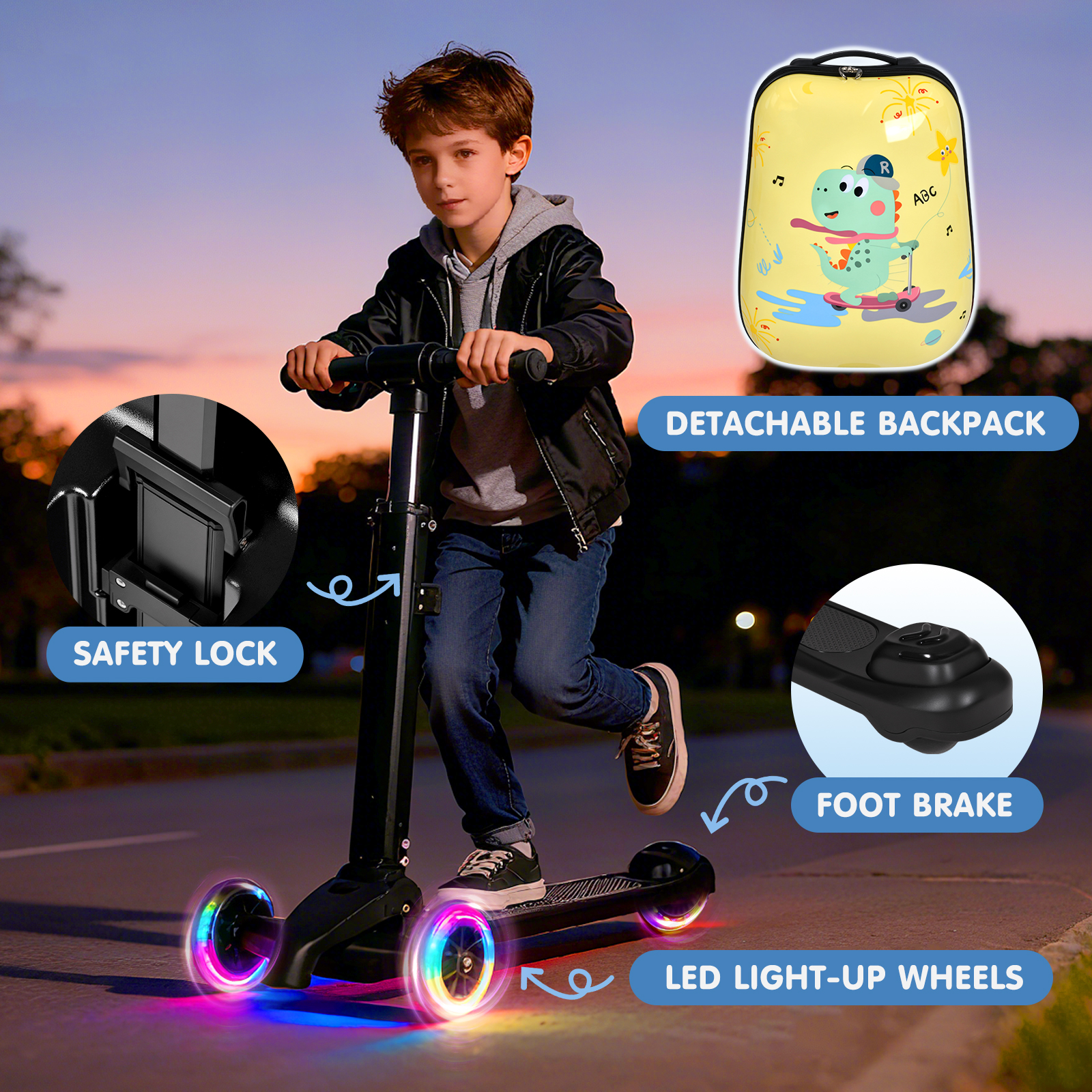 Kids Scooter Suitcase with LED Wheels, Foldable Detachable Ride-On Travel Luggage, Yellow