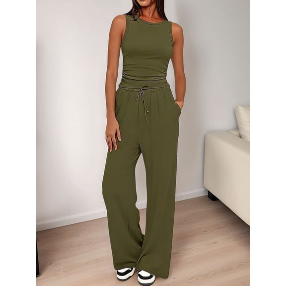 Women'S 2 Piece Lounge Sets Sleeveless Tank Tops Wide Leg Pants Sets Tracksuits Matching Outfit Green S