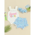 thumbnail image 2 of Bslissey Baby Girls Shorts Sets Letter Print Frills Sleeveless Sling Romper + Candy Bar Print Shorts + Headband 3M 6M 12M 18M Newborn Infant Cute Summer 3Pcs Outfits, 2 of 8