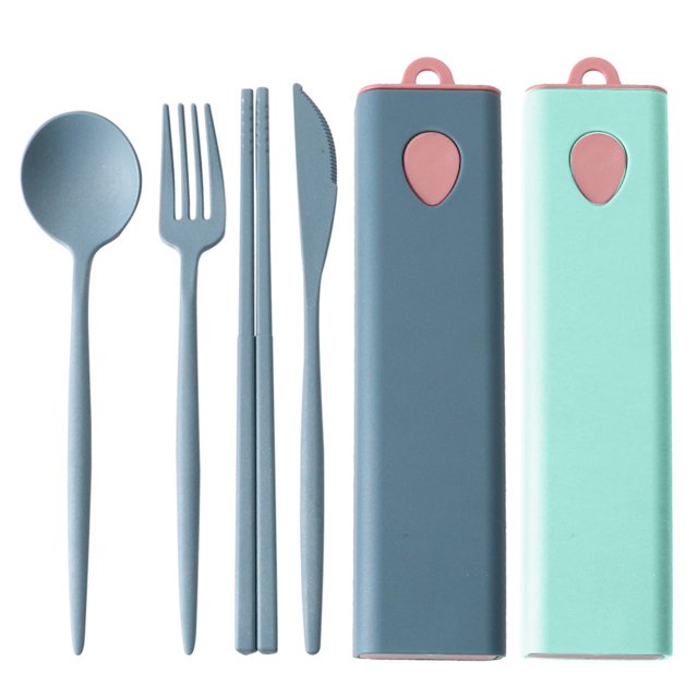 Utensilios de viaje de 2 piezas con estuche - Juego de vajilla de paja de trigo Juego de utensilios reutilizables