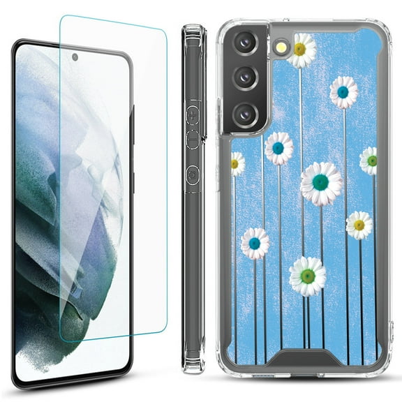 Shockproof Bumper Phone Case for Samsung Galaxy S22  / S22 Plus 5G, with Tempered Glass Screen Protector, by OneToughShield ® - Daisy Sky