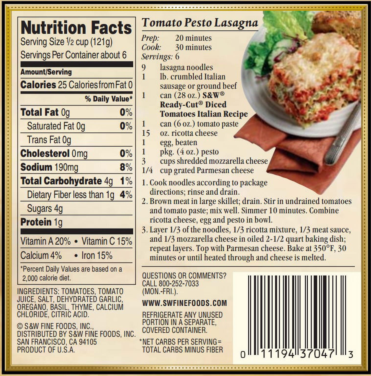 S&W Canned Italian Recipe Tomatoes, 28 oz Can