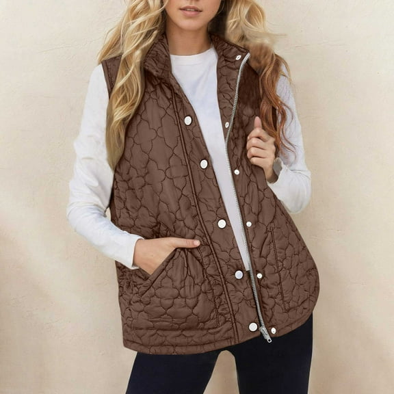 Zedker Casual Lapel Collar Sleeveless Zipper Womens Vests Outerwear Comfy Button Fall Winter Thermal Padded Jackets with Pockets,Coffee,L