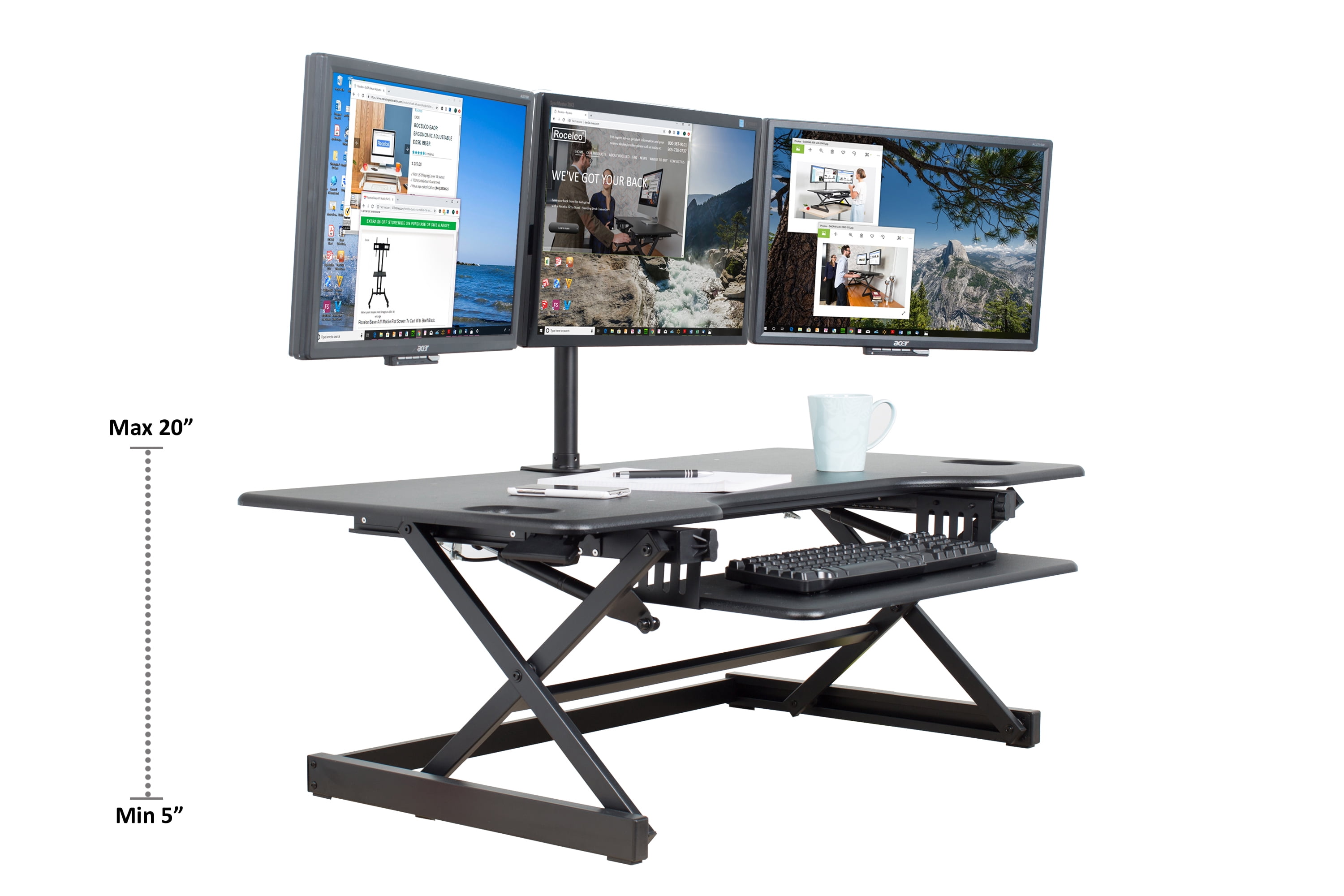 Rocelco 40" Large Height Adjustable Standing Desk Converter with Dual Monitor Mount BUNDLE | Quick Sit Stand Up Computer Workstation Riser | Retractable Keyboard Tray | Black (R DADRB-40-DM2)