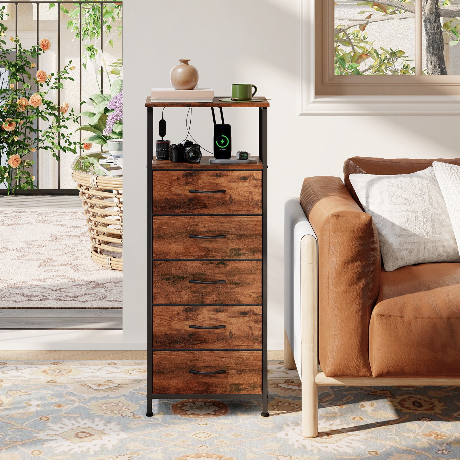 Eunos Tall Nightstand with Charging Station and LED for Bedroom, 5 Drawer with Storage Shelfs, Wood Grain Print
