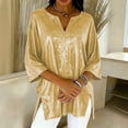 thumbnail image 4 of SCHUHLAND Women's Plus Size Sparkly V-Neck T-Shirt - Fashion 3/4 Sleeve Glitter Top, Loose Fit Shimmer Blouse, Summer Casual Shiny Pullover 1XL-5XL, 4 of 8
