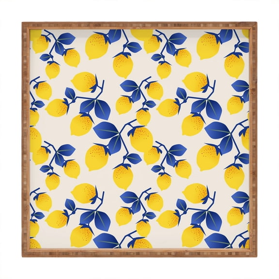 Society6 Lemons Blue by Mirimo Square Bamboo Tray