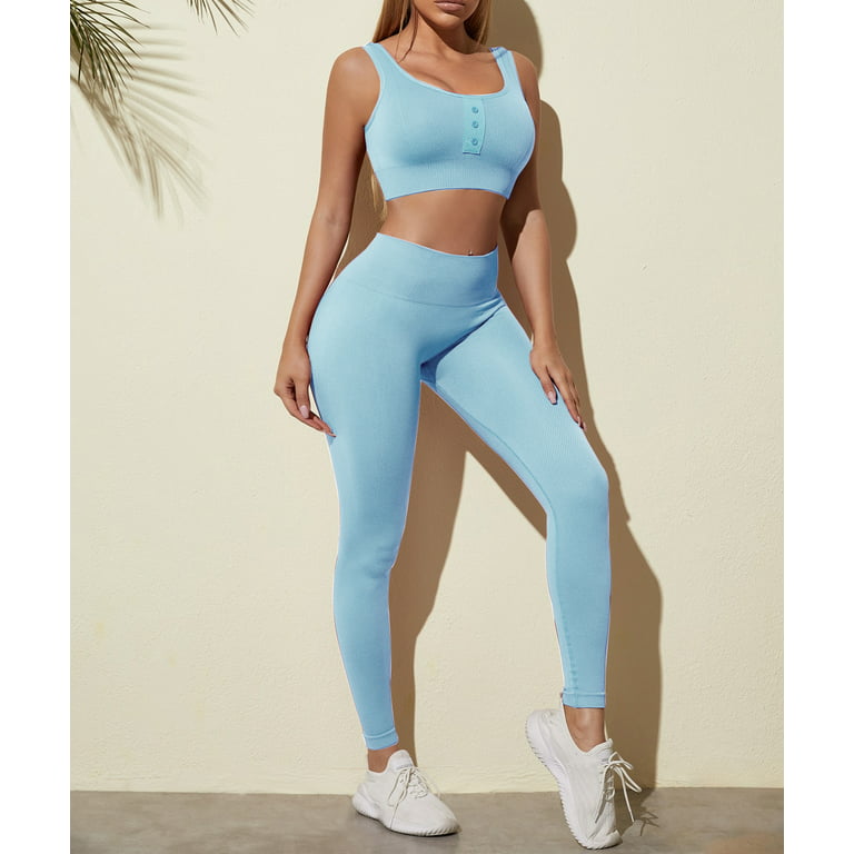 Zimi Workout Outfits for Women 2 Piece Seamless Rib-knit Sports Bra High  Waist Yoga Leggings Sets Blue M