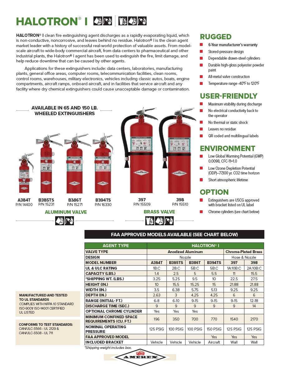 Amerex B385TS, 2.5lb Halotron I Fire Extinguisher with Aluminum Valve & Aviation Bracket