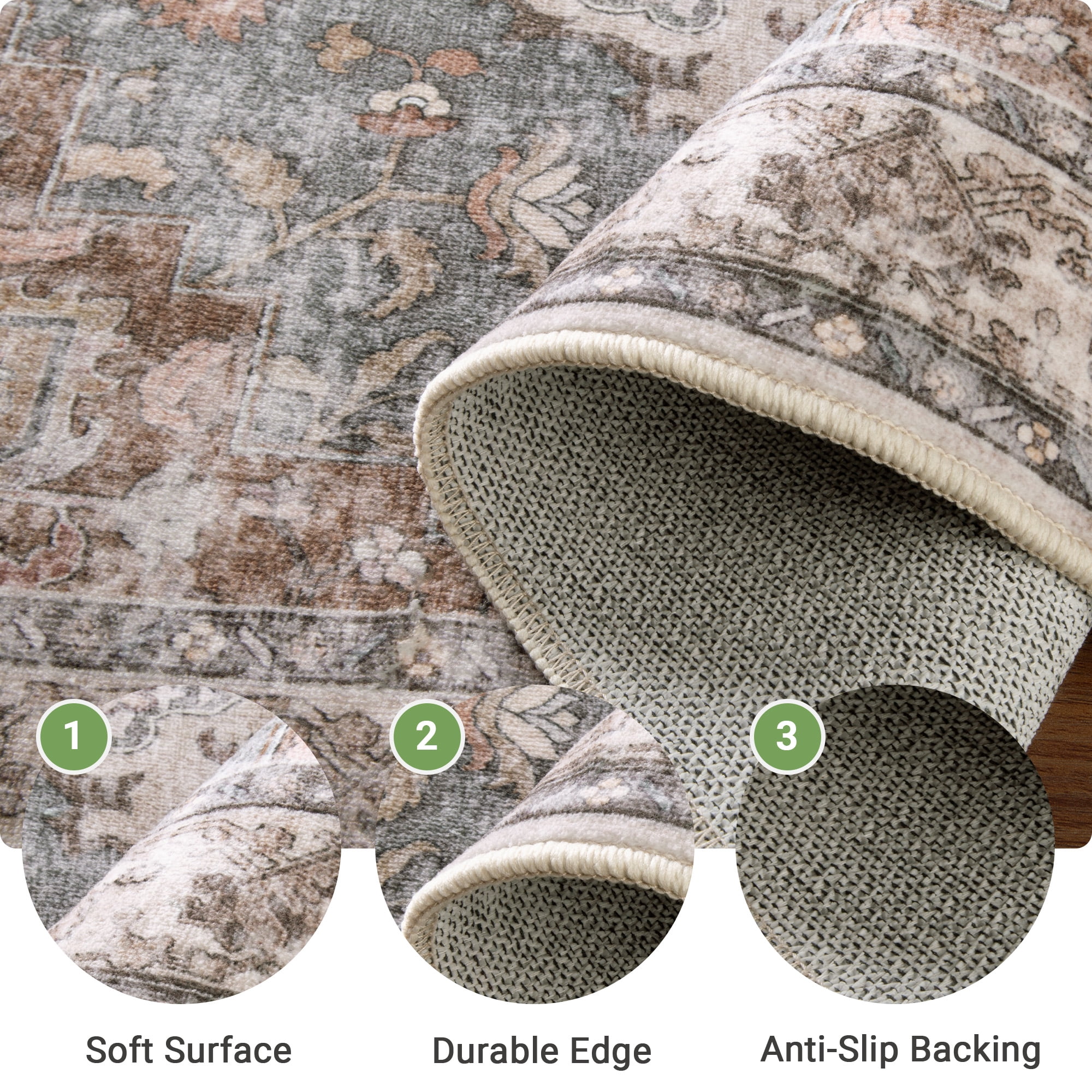 NewBuros 9'x12' Area Rugs, Machine Washable Non Slip Rugs for Living Room, Low Pile Water Repellent Soft Vintage Print Pattern Bedroom Carpet, Brick & Green