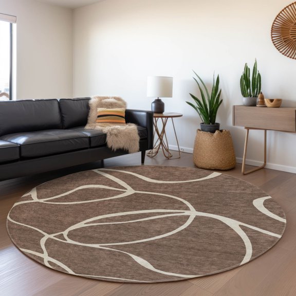 Addison Rugs Mayfield Premium Machine Washable Transitional Swirls Brown Round Rug, 8' x 8'