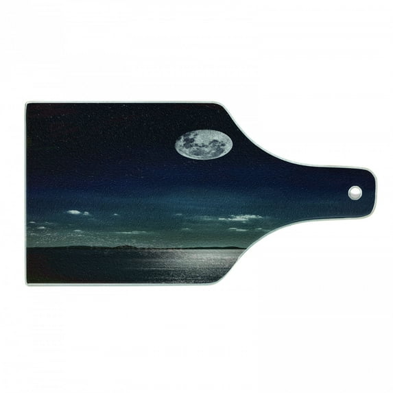 Ocean Cutting Board, Full Moon Reflected in the Sea Moon Rays Surface Starry Sky Night Scenic View Print, Tempered Glass Cutting and Serving Board, Wine Bottle Shape, Black Navy, by Ambesonne