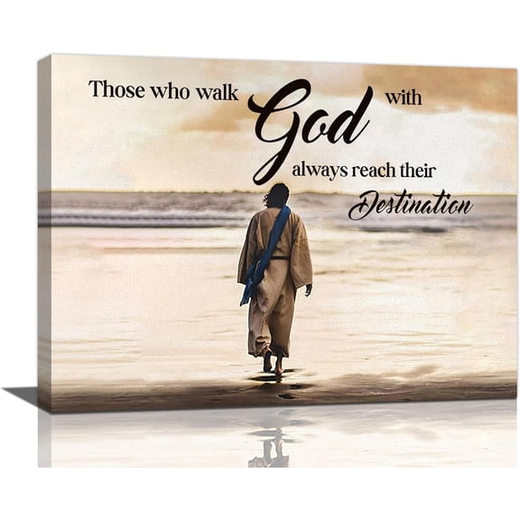 Jesus Beach Wall Art Coastal Religious Pictures Wall Decor Christian Bible Verse Canvas Scripture Painting Modern Artwork Home Decoration for Bathroom Living Room Bedroom Office Framed 16"x12"