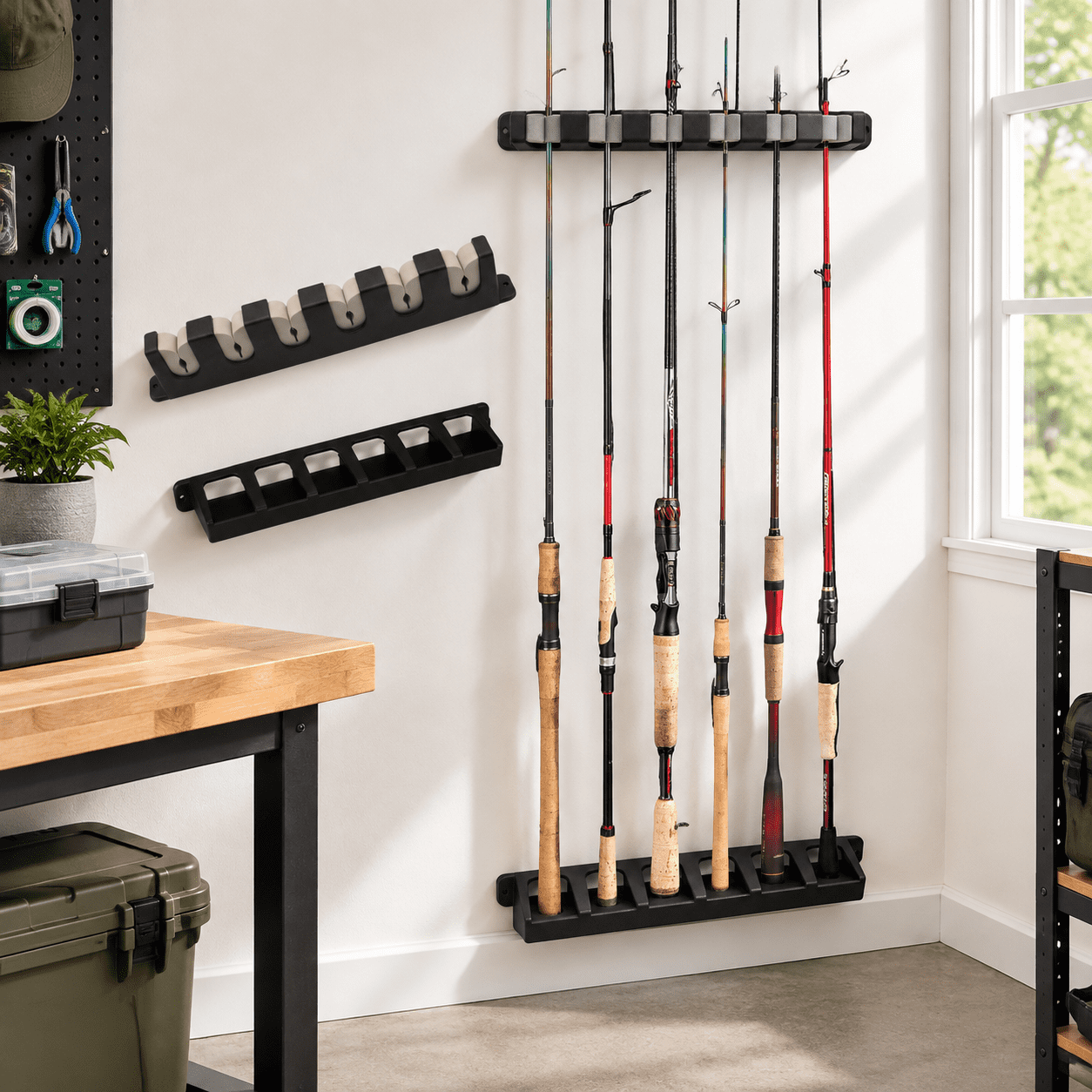 Gray 6 Vertical Fishing Rod Wall Mount Rack For Garage Storage
