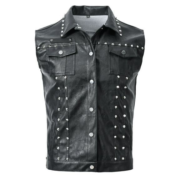 SwiftWear Mens Rivet Faux Leather Vest Punk Party Studded Slim Fit PU Vest Sleeveless Lapel Waistcoat for Men Black S
