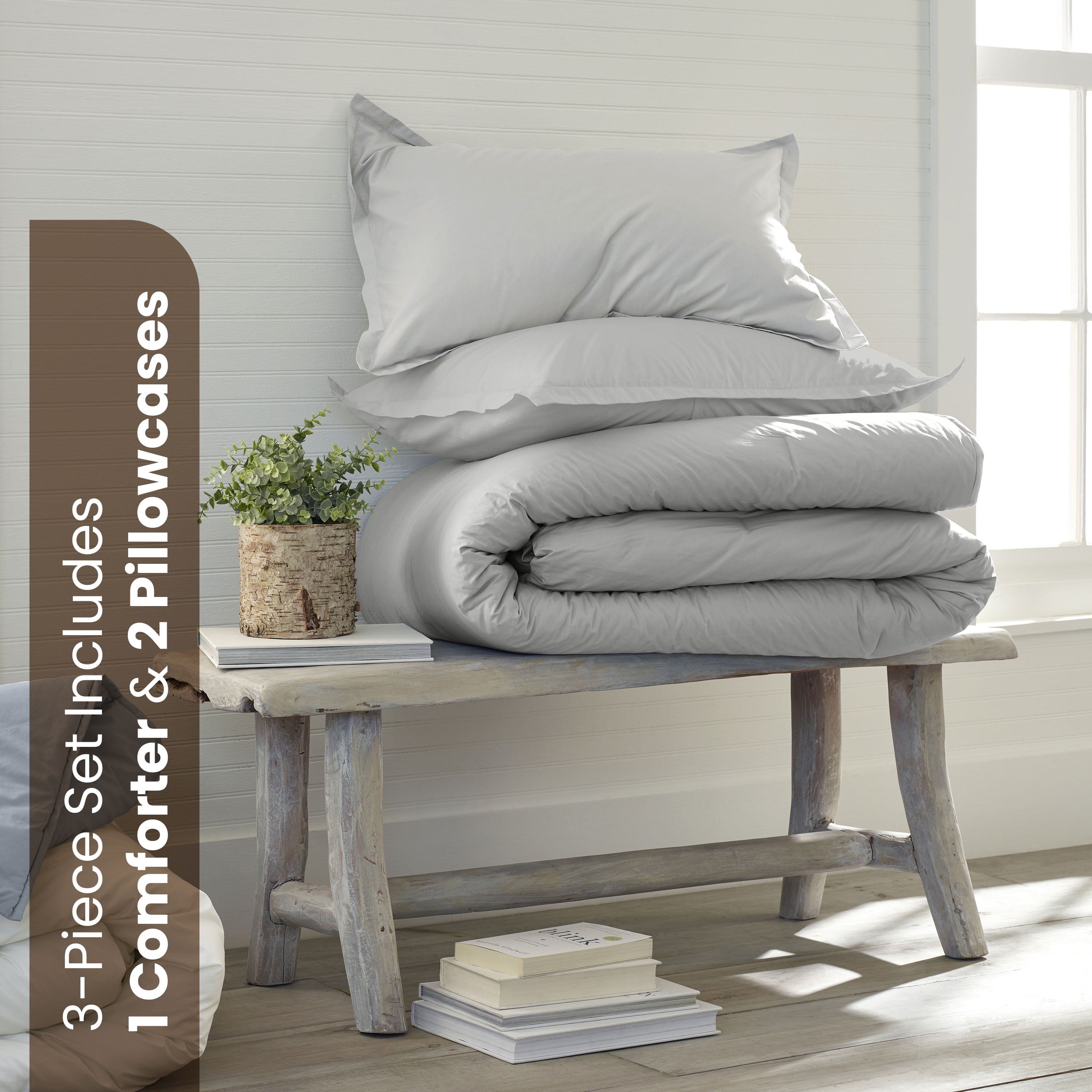 Martex EcoPure 3-Piece Organic Cotton Light Grey Solid Comforter Set, King – Comfort Wash