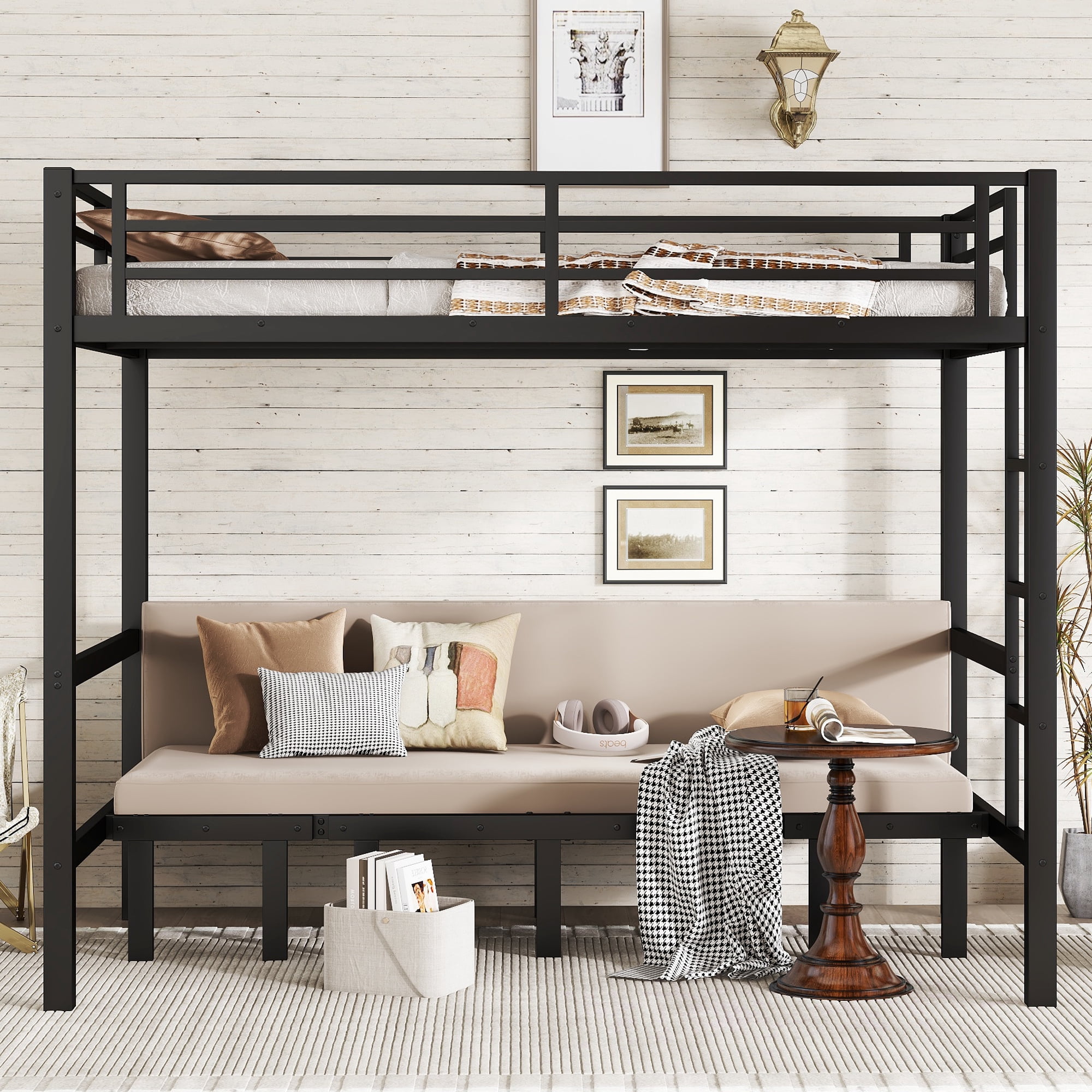 Mintazer Full Over Full Metal Bunk Bed with Pull-Out Lower Bed & Guardrails for Teens Adults Bedroom Dorm, Black