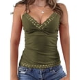 thumbnail image 1 of Women'S Lace Trim Camis Top Deep V Neck Adjustable Spaghetti Strap Beaded Tank Top Green M, 1 of 7