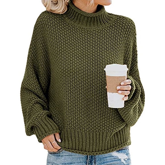 Powerdelux Women's Turtleneck Sweater Oversized Long Batwing Sleeve Chunky Knit Pullover Tops