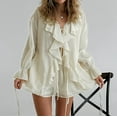 thumbnail image 4 of Women'S French V-Neck Loose Ruffled Shirt and Shorts Suit Two-Piece Suit Beige S, 4 of 10