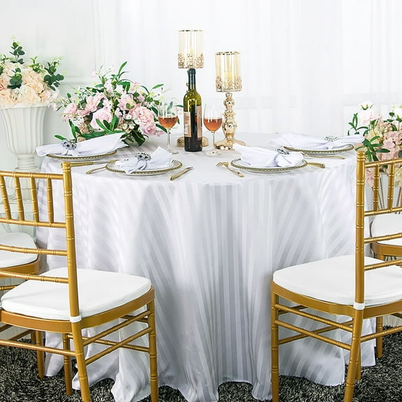 Wedding Linens Inc. 108" Striped Round Jacquard Polyester Tablecloths - White