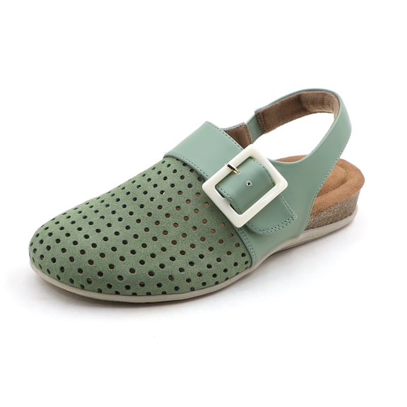 Women's Cushioned Genuine Leather Perforated Slingback Buckle Comfort Clogs Cork Footbed