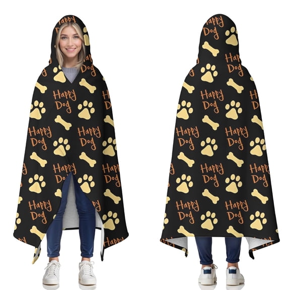 Wearable Blanket,Happy Dog and Footprints Hooded Wearable Sherpa Blanket for Adults & Teens,Winter Poncho Shawl Wrap Cape Thick Warm,50"x60"