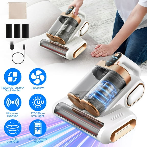 Imountek 200W Handheld Bed Vacuum Cleaner, 16Kpa Cordless Mattress Vacuum Cleaner with UVC & Ultrasonic, 18000 RPM Brushroll, Dual Dust Cups, for Bed Pillow Sofa Crib