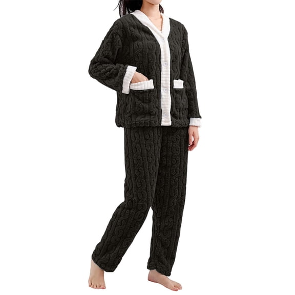 Pajamas for Women Set Fleece Pullover Top Long Pant Warm Cozy Loungewear Black One Size